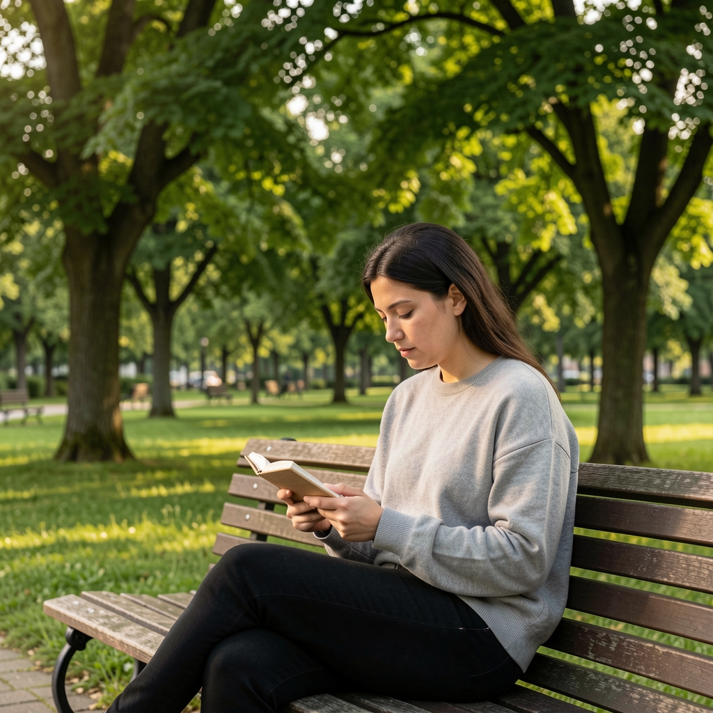 Person sitting thoughtfully on a park bench surrounded by lush green trees, reading from a small notebook in quiet afternoon light, conveying a calm and reflective atmosphere of personal inquiry
