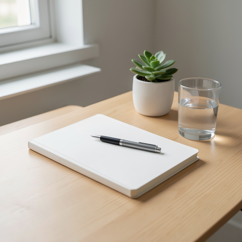 Minimalist desk workspace with a white notebook, a pen, a small plant, and a glass of water on a clean wooden surface, lit by soft natural light from a nearby window, conveying a calm and professional atmosphere
