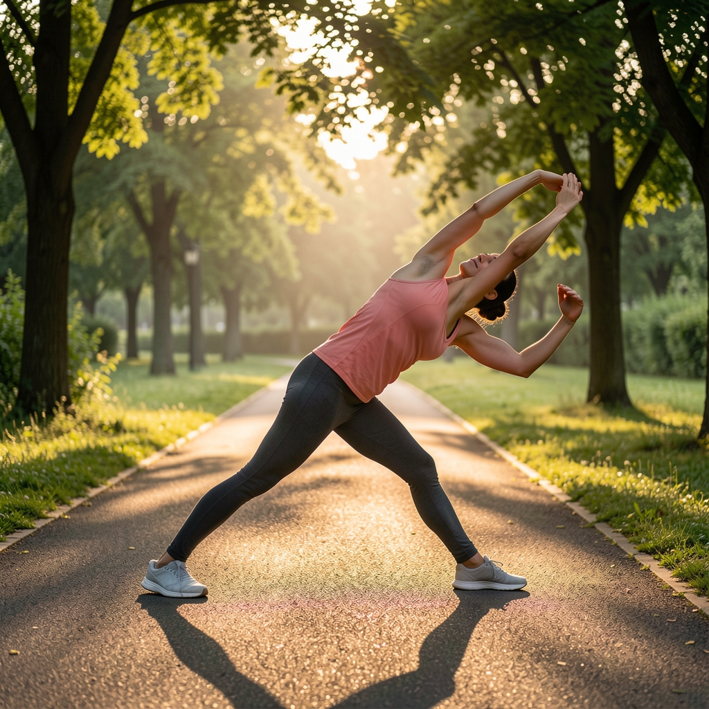 Person performing a controlled outdoor stretching routine at dawn in a quiet park, surrounded by green foliage and soft morning light casting long shadows on the path