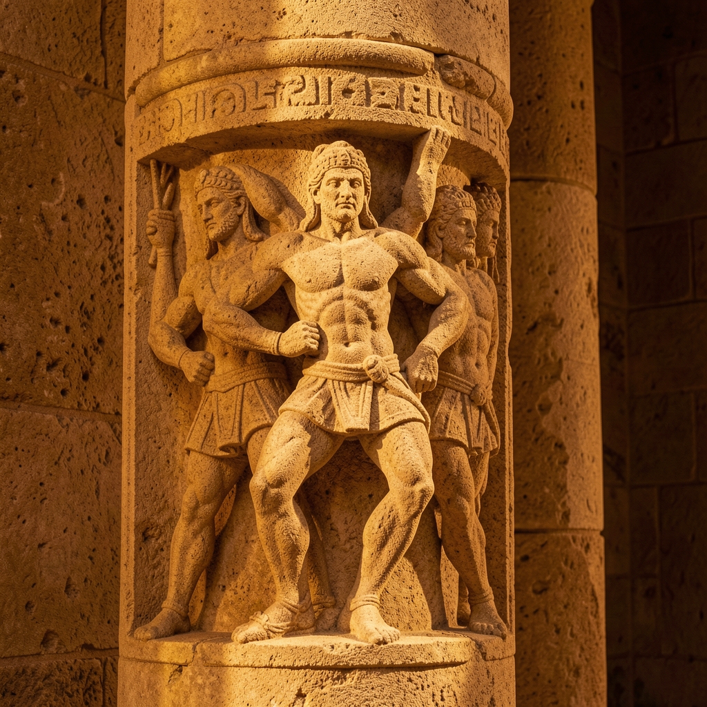 Stone relief or carved column depicting human figures in athletic or martial poses, lit dramatically from the side in warm ochre tones against a textured stone surface