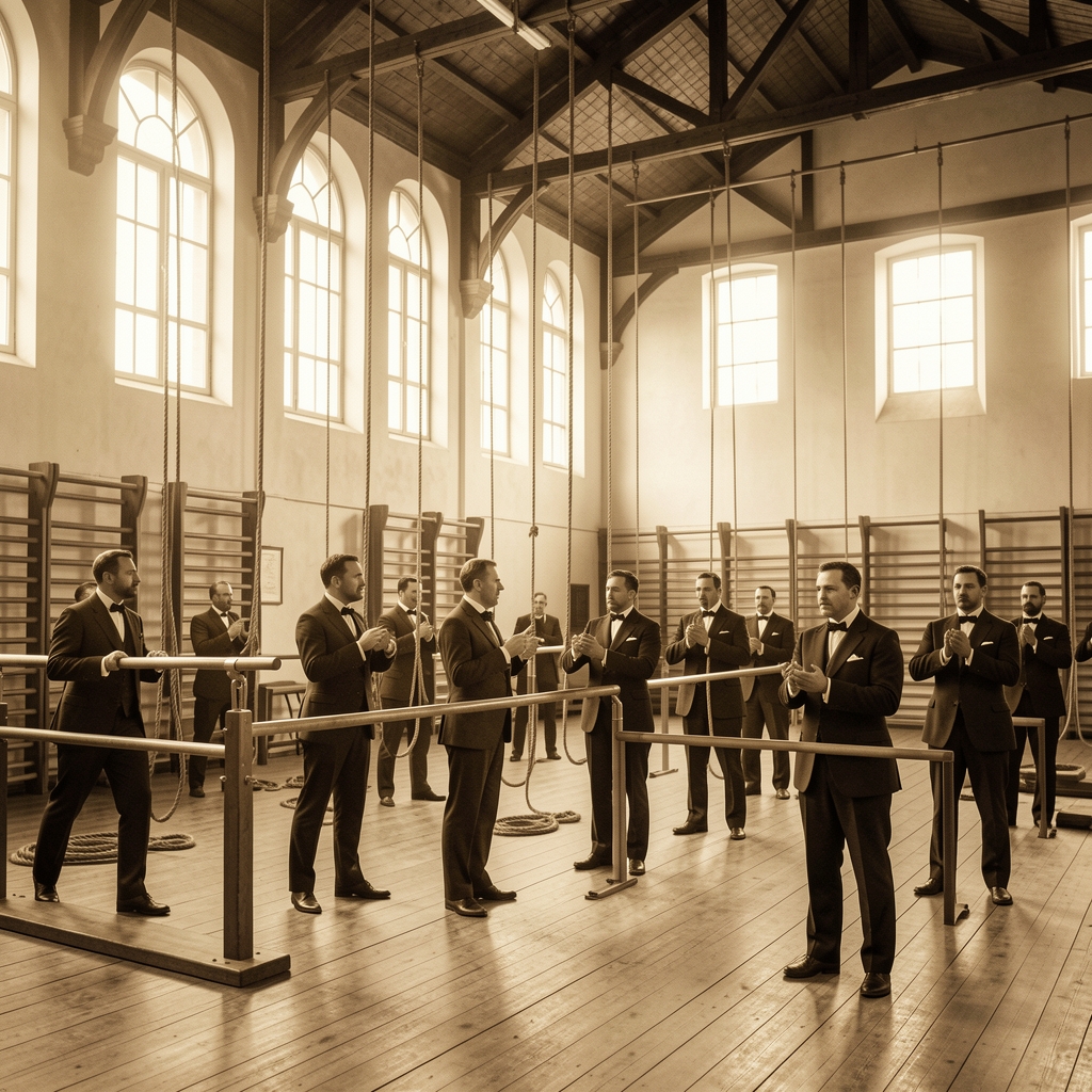 Sepia-toned photograph of a 19th century gymnasium with high ceilings, wooden parallel bars and climbing ropes, and rows of men in formal exercise postures under bright overhead windows