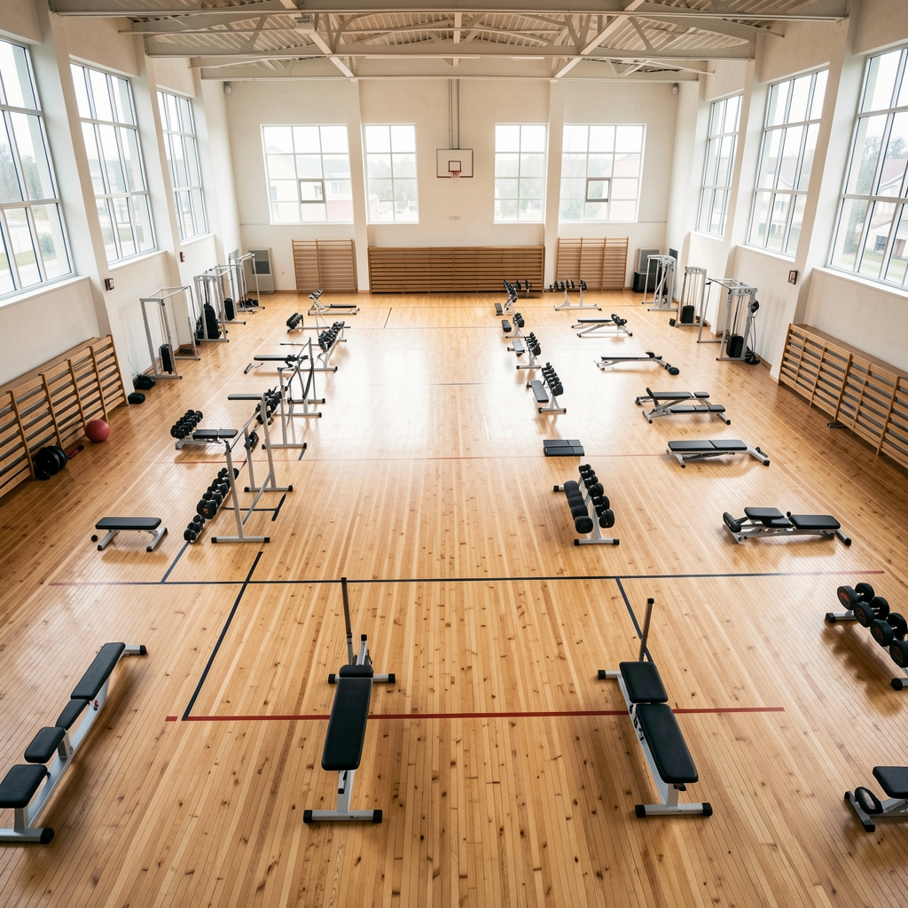 Wide overhead view of a clean gymnasium interior with wooden flooring, natural light entering through high windows, and minimalist equipment arranged in orderly rows